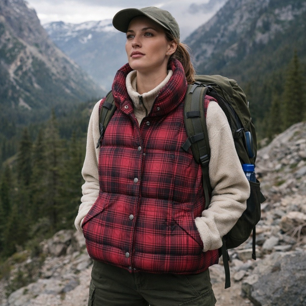 Vintage L.L. Bean Goose Down Puffer Snap Vest Red Black Plaid Long‎ Back Women L